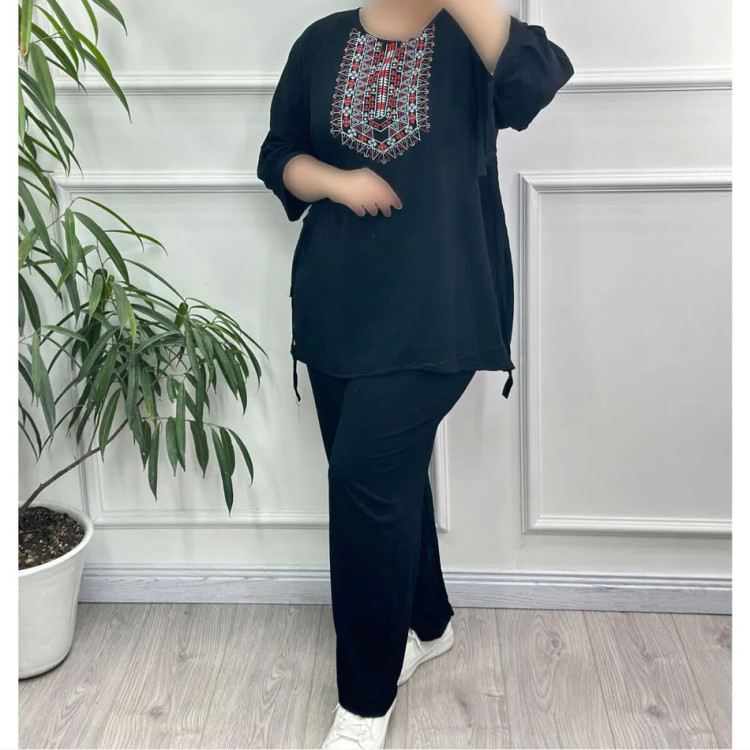 بلوز شلوار نخی مدل آیدا چاپی فری سایز مناسب تا سایز 50 شسته شده بدون آبرفت و رنگ رفت کمربند دار چهار فصل