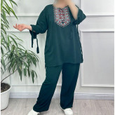 بلوز شلوار نخی مدل آیدا چاپی فری سایز مناسب تا سایز 50 شسته شده بدون آبرفت و رنگ رفت کمربند دار چهار فصل