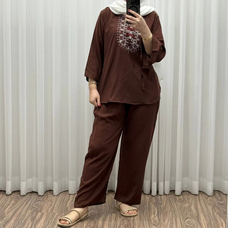 بلوز شلوار نخی مدل آیدا چاپی فری سایز مناسب تا سایز 50 شسته شده بدون آبرفت و رنگ رفت کمربند دار چهار فصل