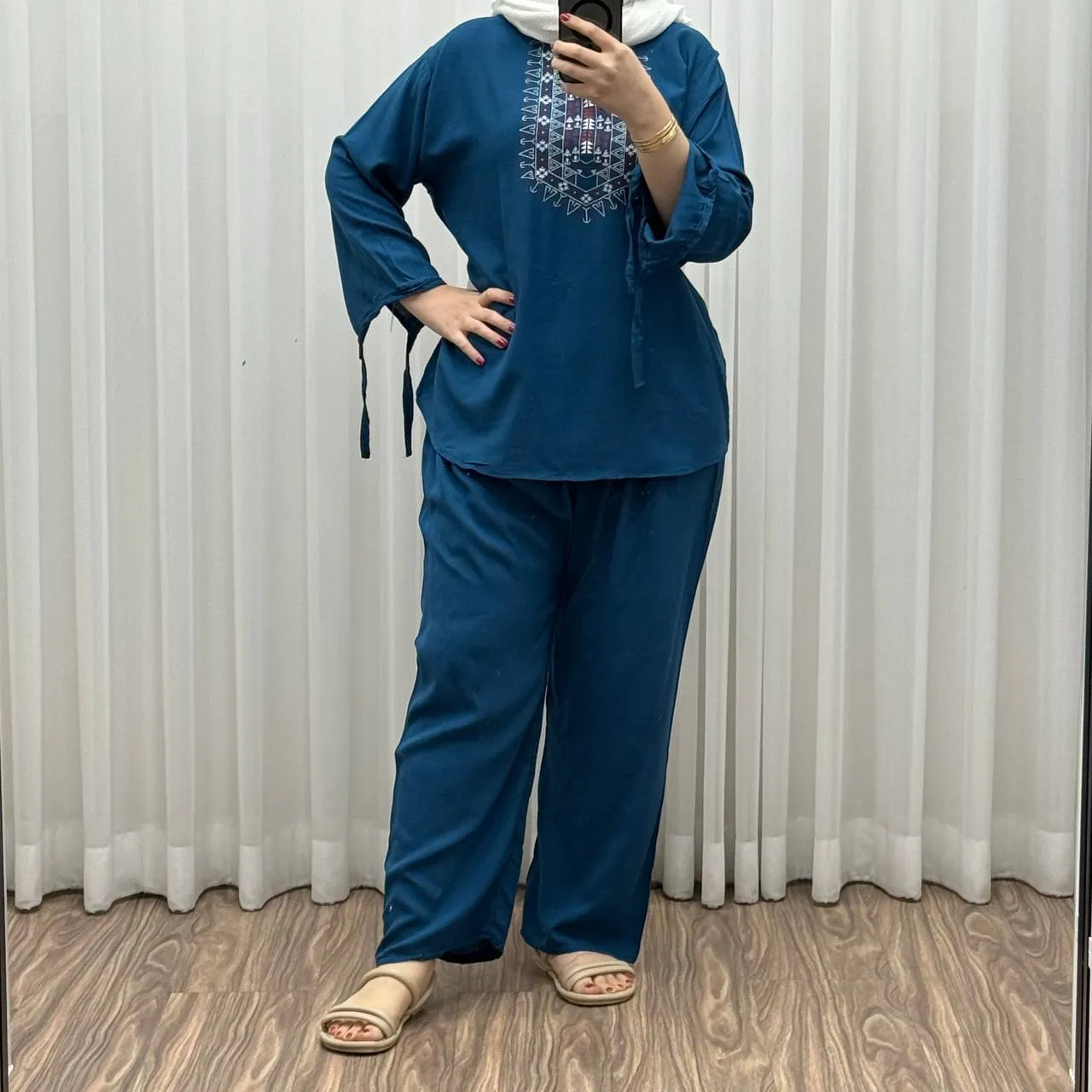 بلوز شلوار نخی مدل آیدا چاپی فری سایز مناسب تا سایز 50 شسته شده بدون آبرفت و رنگ رفت کمربند دار چهار فصل