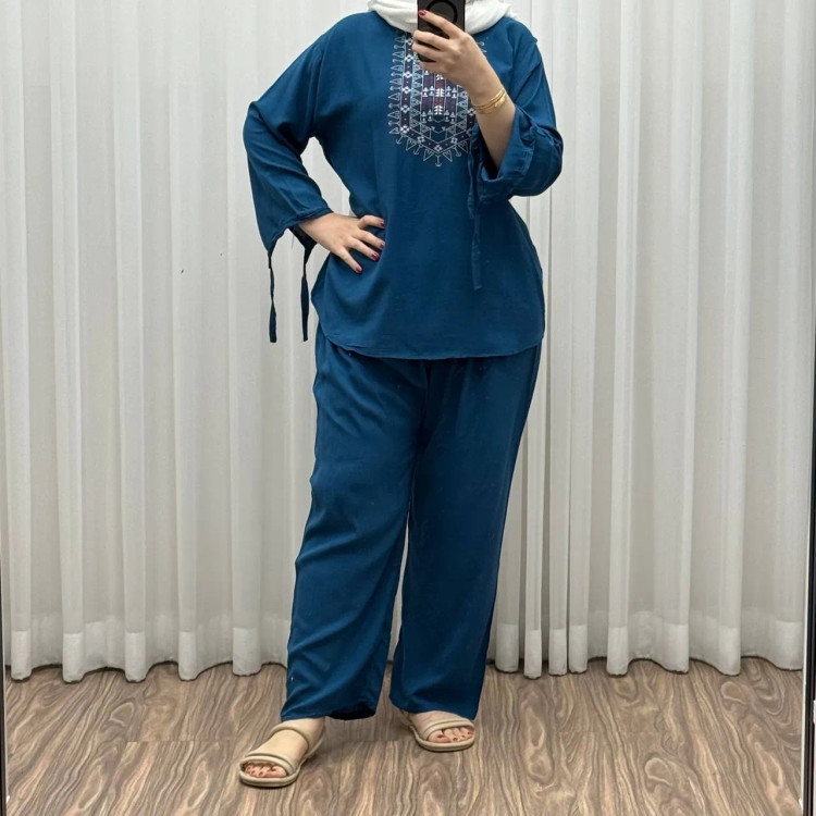 بلوز شلوار نخی مدل آیدا چاپی فری سایز مناسب تا سایز 50 شسته شده بدون آبرفت و رنگ رفت کمربند دار چهار فصل