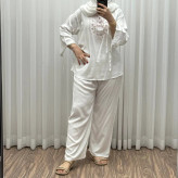 بلوز شلوار نخی مدل آیدا چاپی فری سایز مناسب تا سایز 50 شسته شده بدون آبرفت و رنگ رفت کمربند دار چهار فصل