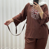 بلوز شلوار نخی مدل آیدا چاپی فری سایز مناسب تا سایز 50 شسته شده بدون آبرفت و رنگ رفت کمربند دار چهار فصل