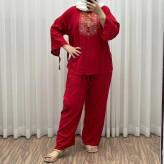 بلوز شلوار نخی مدل آیدا چاپی فری سایز مناسب تا سایز 50 شسته شده بدون آبرفت و رنگ رفت کمربند دار چهار فصل