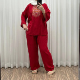 بلوز شلوار نخی مدل آیدا چاپی فری سایز مناسب تا سایز 50 شسته شده بدون آبرفت و رنگ رفت کمربند دار چهار فصل