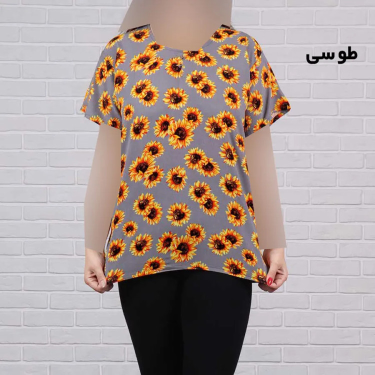 تیشرت زنانه نخی مدل آفتابگردان فری سایز تا 48 آبرفت و رنگ رفت ندارد کمربند دارد
