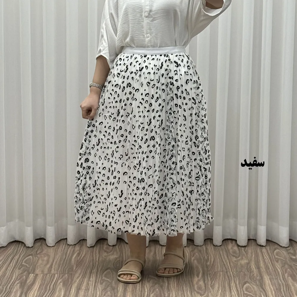 دامن گیپوری پلنگی فری سایز تا 46 قد 82 سانتیمتر زنانه شیک و راحت چهارفصل