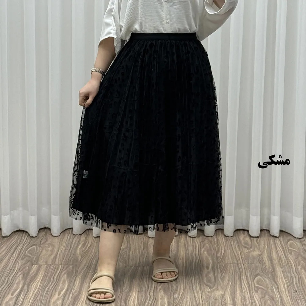 دامن گیپوری پلنگی فری سایز تا 46 قد 82 سانتیمتر زنانه شیک و راحت چهارفصل