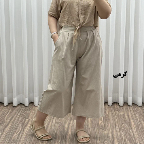 شلوار واید لنین نچرال فری سایز تا 50 تنخور شیک و راحت چهارفصل زنانه مناسب باردار و سایز درشت