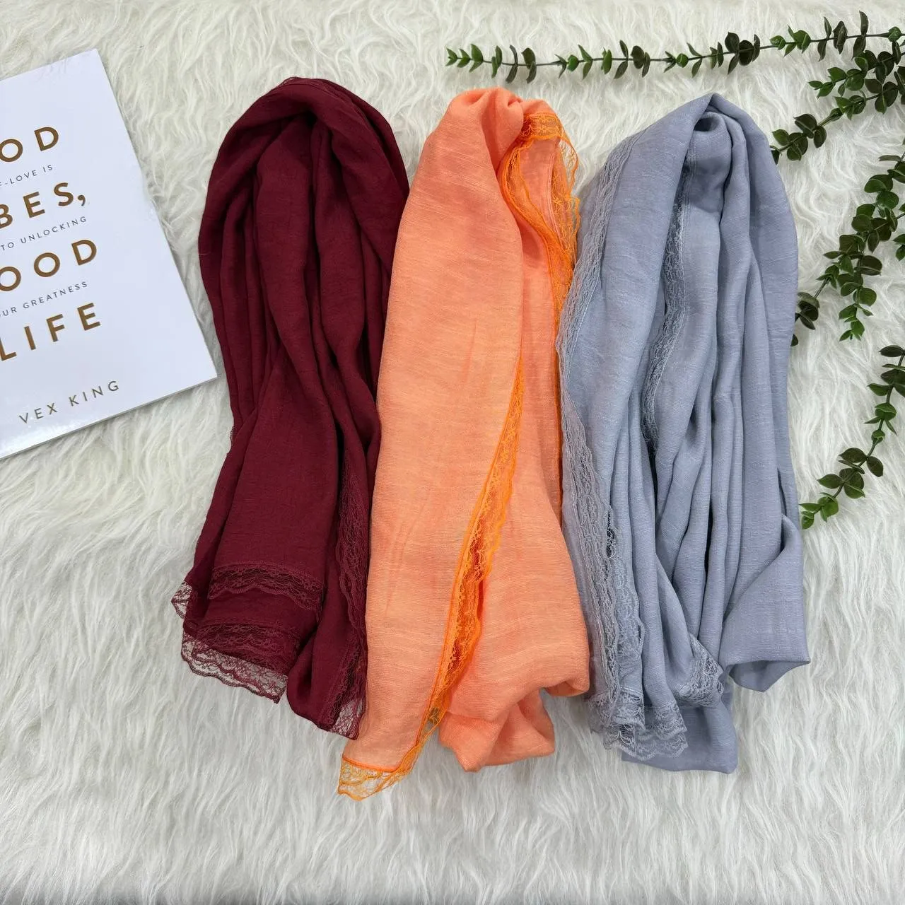 شال نخی وال اسلپ دور دانتل قواره بزرگ 180x75 زنانه روزمره بدون آبرفت و چروک