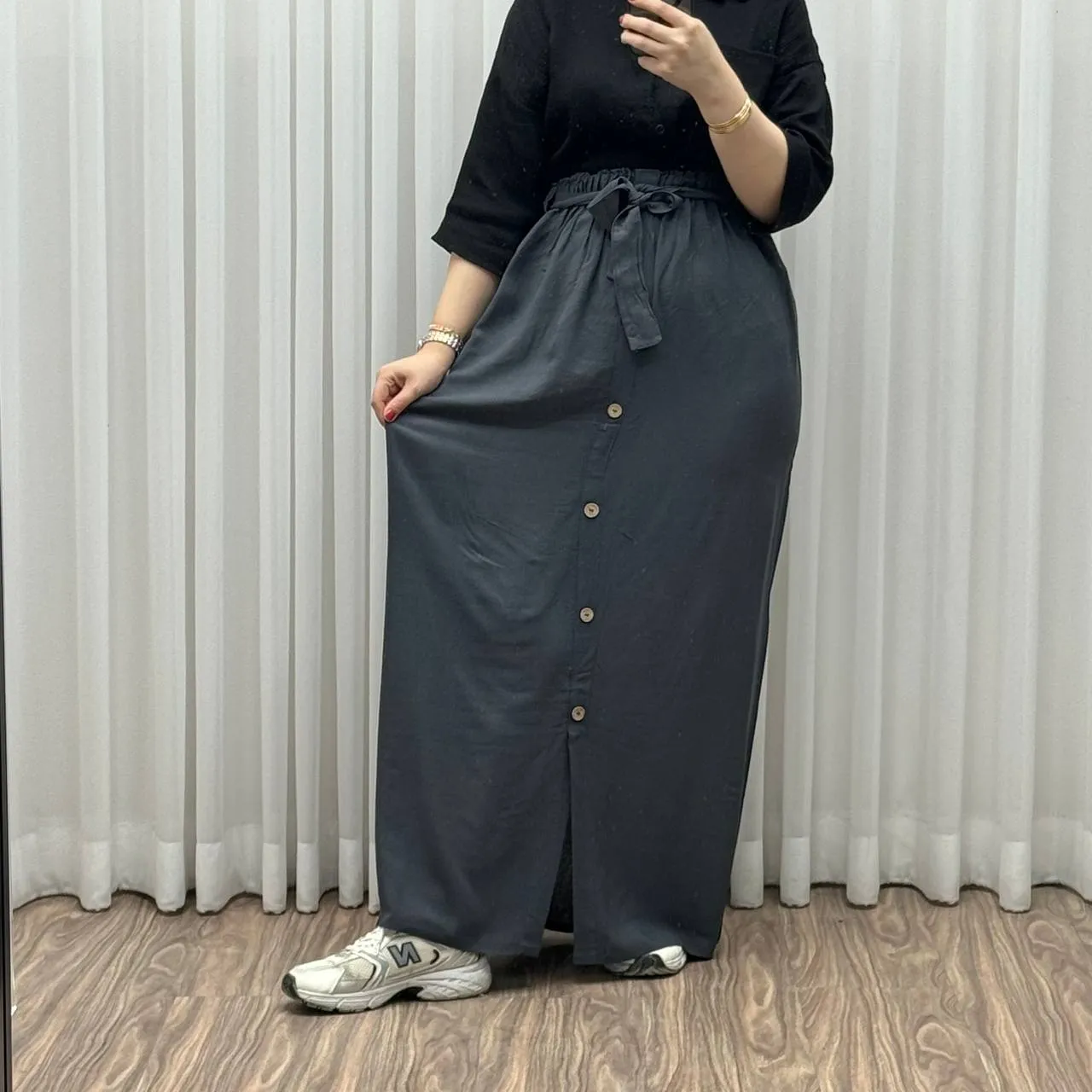 دامن نخی جلو دکمه چاک دار فری سایز تا 48 قد 105 سانتی متر زنانه چهارفصل شیک راحت