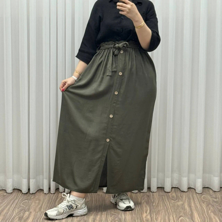 دامن نخی جلو دکمه چاک دار فری سایز تا 48 قد 105 سانتی متر زنانه چهارفصل شیک راحت