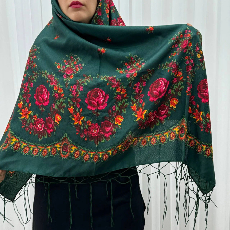 روسری نخی ترکمن مدل قاب گل قواره 130x130 سانتی متر نازک 4 فصل