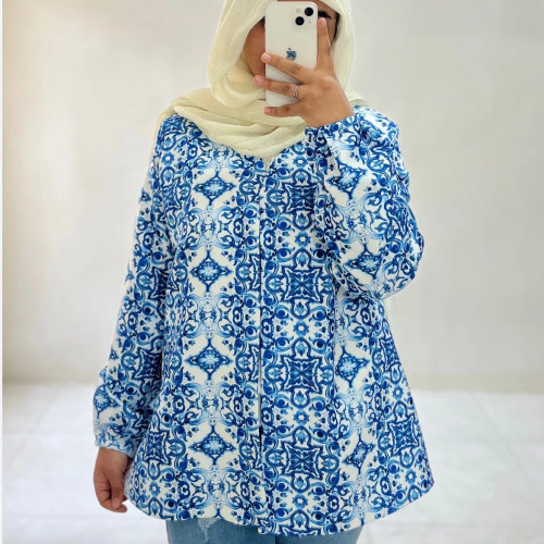 کت ژاکارد چاپ شده زنانه دُرکالکشن قد 75 مناسب مهمانی سایز 40 تا 44 آبی سفید