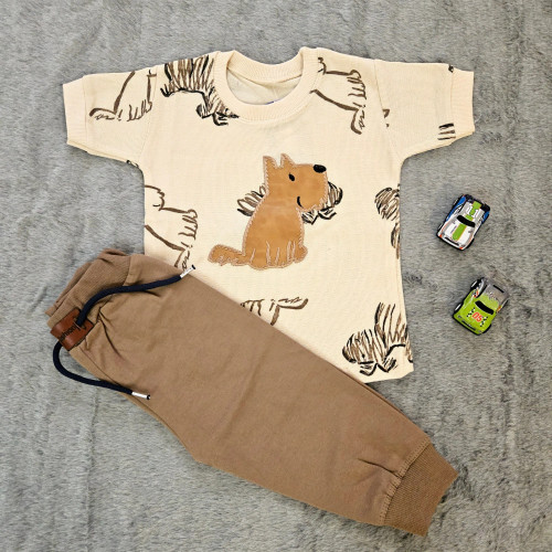 تیشرت شلوارک پسرانه پنبه سوپر راحتی گلدوزی خاکی بدون آبرفت و رنگدهی