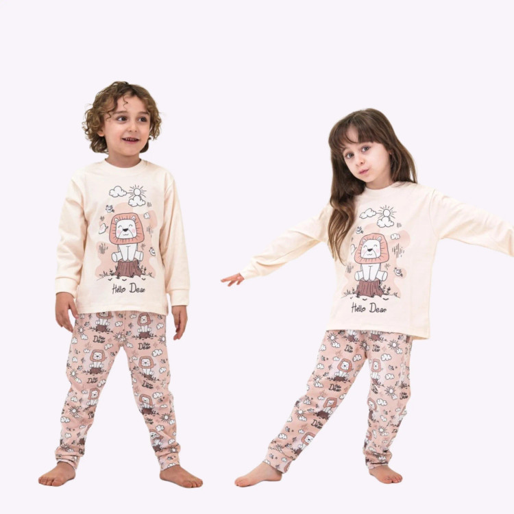 ست راحتی بچگانه بلوز شلوار پنبهای طرح شیر شاد آستین بلند بدون آبرفت و رنگدهی