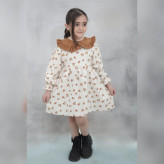 پیراهن دخترانه پاییزه لینن یقه کبریتی مجلسی آستین پرنسسی کرم سایز 2 تا 9 سال