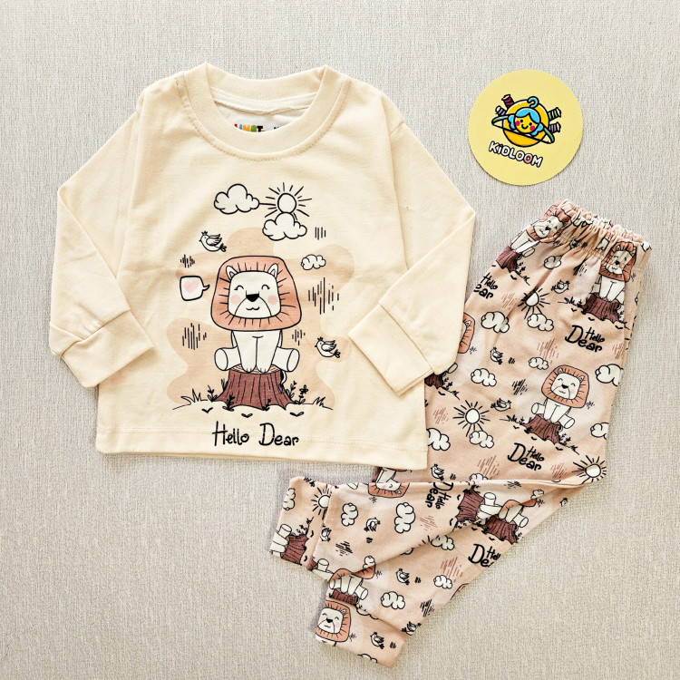 ست راحتی بچگانه بلوز شلوار پنبهای طرح شیر شاد آستین بلند بدون آبرفت و رنگدهی