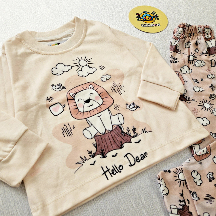 ست راحتی بچگانه بلوز شلوار پنبهای طرح شیر شاد آستین بلند بدون آبرفت و رنگدهی