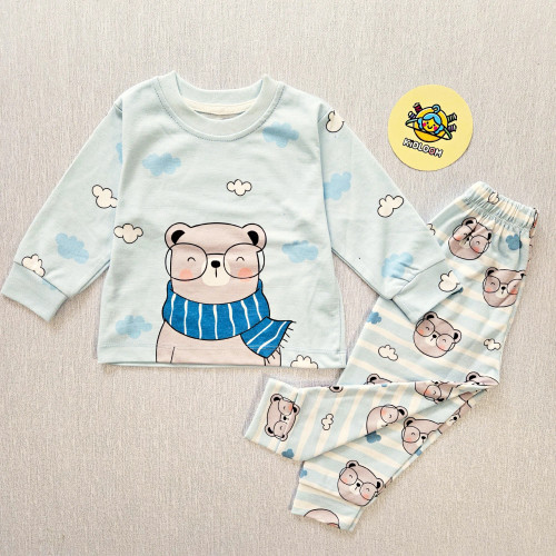 ست راحتی پسرانه بلوز شلوار پنبه ای آستین بلند طرح خرس زمستونی بدون آبرفت و رنگ دهی