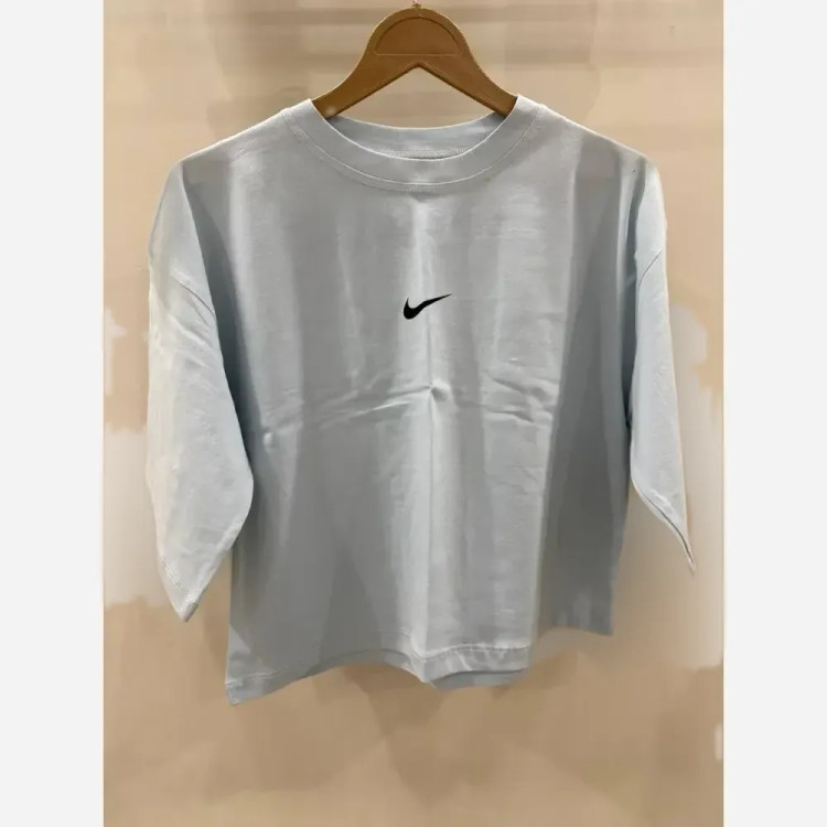 کراپ تیشرت اسپرت دخترانه آبی آسمانی طرح نایک مدل آزاد قد 48 عرض سینه 50