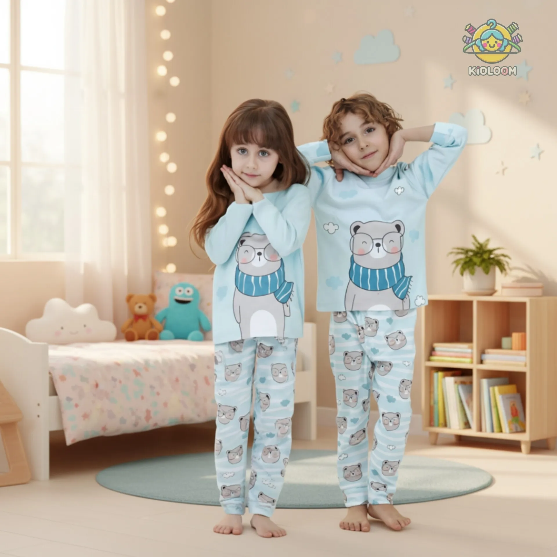 ست راحتی پسرانه بلوز شلوار پنبه ای آستین بلند طرح خرس زمستونی بدون آبرفت و رنگ دهی