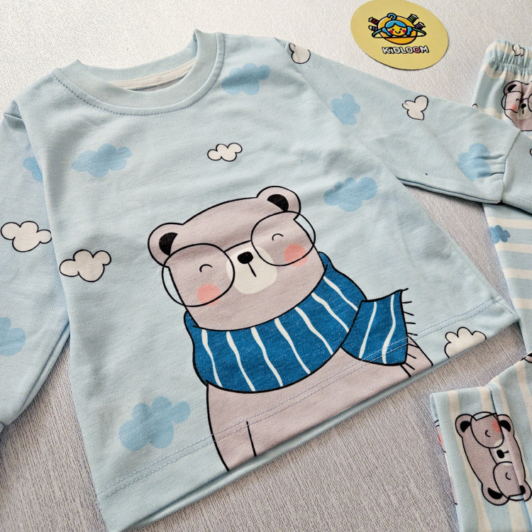 ست راحتی پسرانه بلوز شلوار پنبه ای آستین بلند طرح خرس زمستونی بدون آبرفت و رنگ دهی