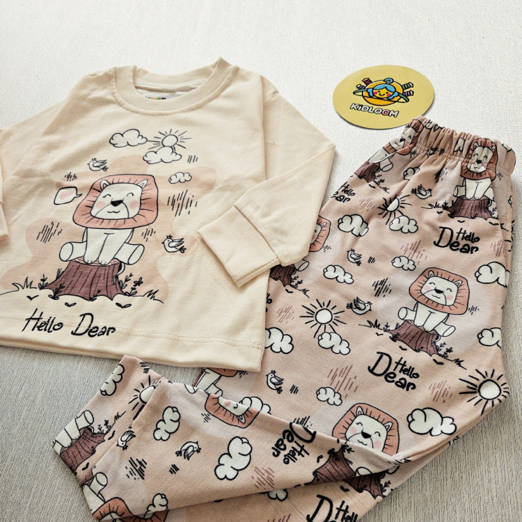 ست راحتی بچگانه بلوز شلوار پنبهای طرح شیر شاد آستین بلند بدون آبرفت و رنگدهی