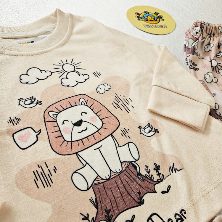 ست راحتی بچگانه بلوز شلوار پنبهای طرح شیر شاد آستین بلند بدون آبرفت و رنگدهی