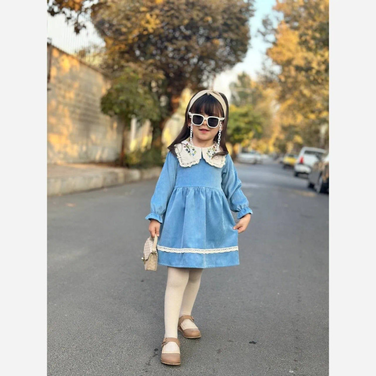 پیراهن دخترانه مجلسی مخمل کبریتی یقه گلدوزی شده آستین پرنسسی همراه کیف هدیه 2 تا 9 سال