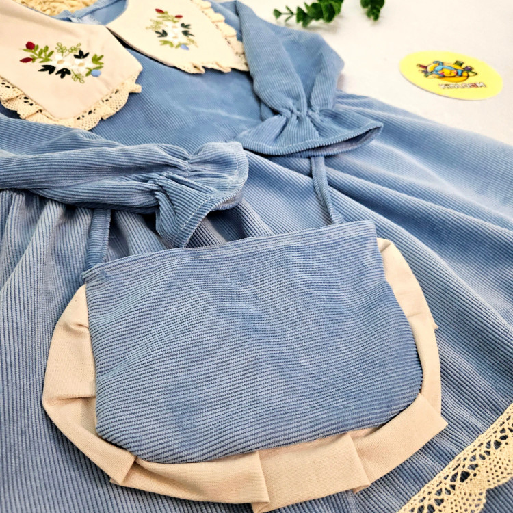 پیراهن دخترانه مجلسی مخمل کبریتی یقه گلدوزی شده آستین پرنسسی همراه کیف هدیه 2 تا 9 سال