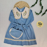 پیراهن دخترانه مجلسی مخمل کبریتی یقه گلدوزی شده آستین پرنسسی همراه کیف هدیه 2 تا 9 سال