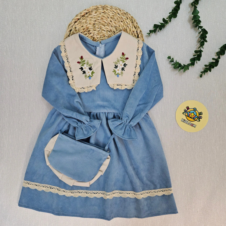 پیراهن دخترانه مجلسی مخمل کبریتی یقه گلدوزی شده آستین پرنسسی همراه کیف هدیه 2 تا 9 سال