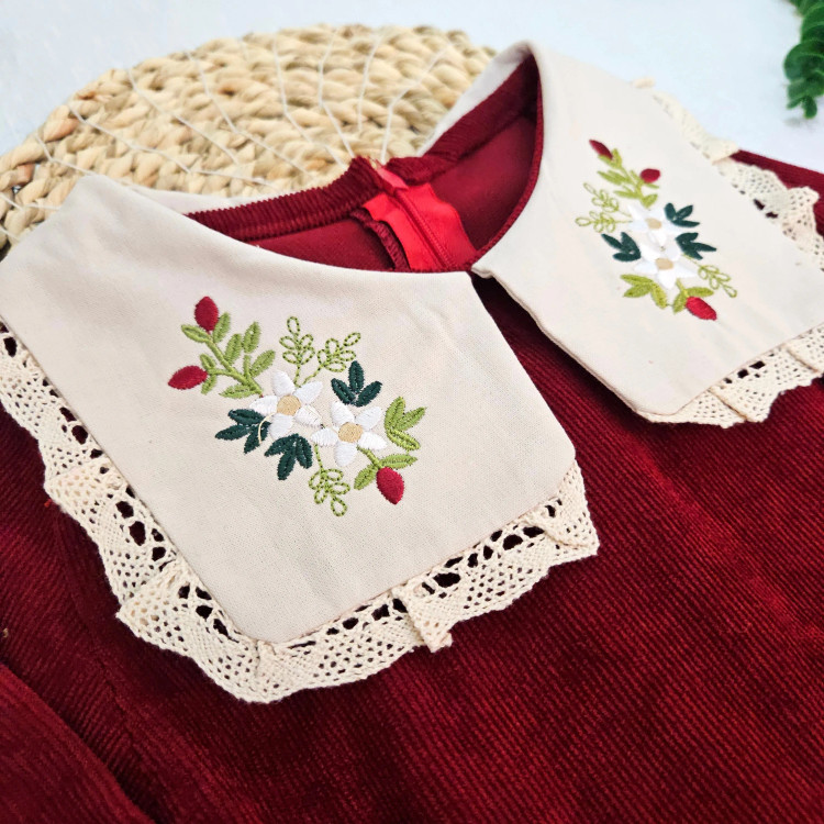 پیراهن دخترانه مجلسی مخمل کبریتی یقه گلدوزی شده آستین پرنسسی همراه کیف هدیه 2 تا 9 سال