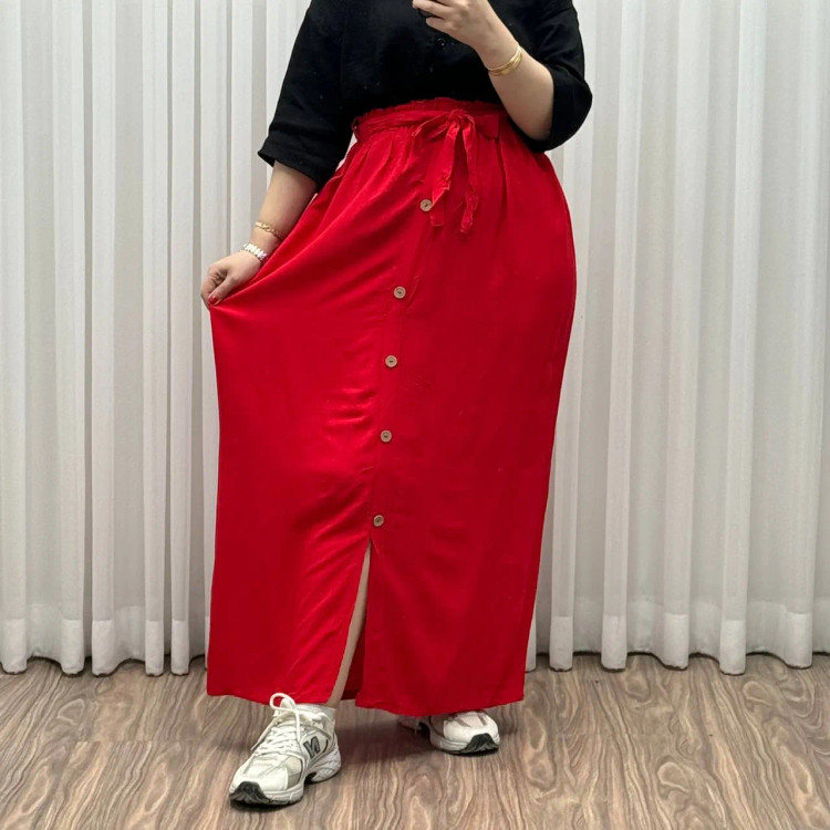 دامن نخی جلو دکمه چاک دار فری سایز تا 48 قد 105 سانتی متر زنانه چهارفصل شیک راحت