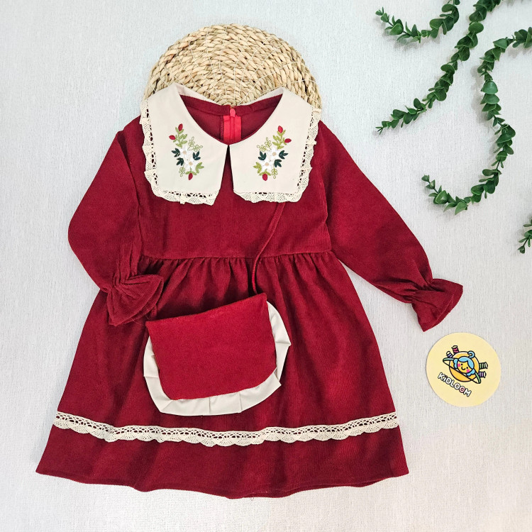 پیراهن دخترانه مجلسی مخمل کبریتی یقه گلدوزی شده آستین پرنسسی همراه کیف هدیه 2 تا 9 سال