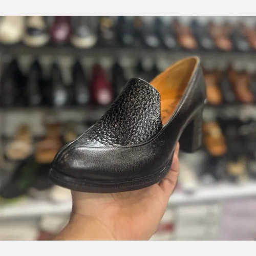 کفش پاشنه دار چرم زنانه مشکی و عسلی رویه چرم گاوی طبی سایز 37 تا 40