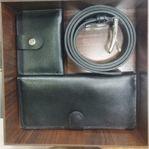 ست سه تیکه چرم طبیعی مردانه کمربند کیف کتی جاکارتی با جعبه چوبی