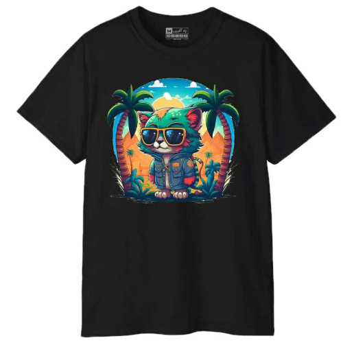 تیشرت آستین کوتاه مردانه پاد آفرین مدل گربه ساحلی طرح چاپ کد 1724