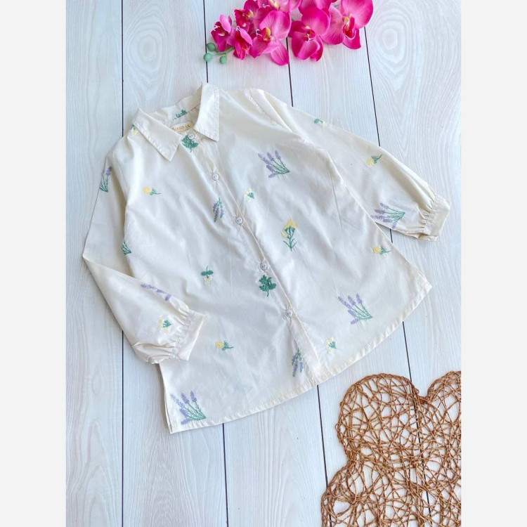 شومیز دخترانه پوپلین با گلدوزی تک رنگ تینیجری